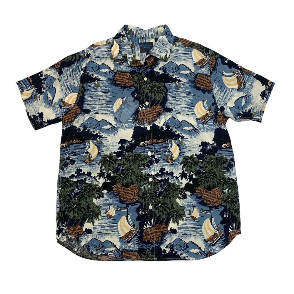 Caribbean Blues Shirt Mens L Large Blue Cotton Lyocell Blend Hawaiian Ocean Boat